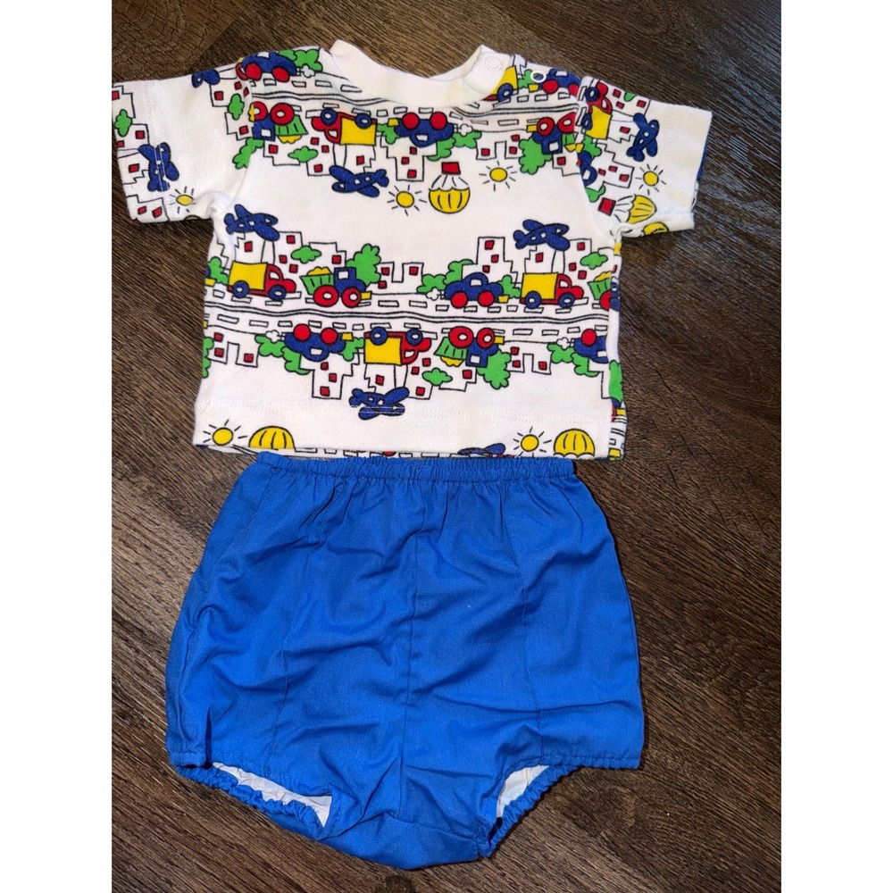 Vintage Style Baby Boys Transportation Print T-Shirt and Blue Bloomers Set